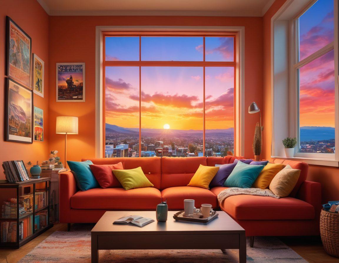 A vibrant scene showing a comfortable living room with a cozy couch, a large flat-screen TV displaying a variety of film genres, and popcorn scattered on a coffee table. The background features colorful posters of popular films and a window showcasing a sunset. Include a character joyfully watching the screen with a remote in hand. super-realistic. vibrant colors. cozy atmosphere.