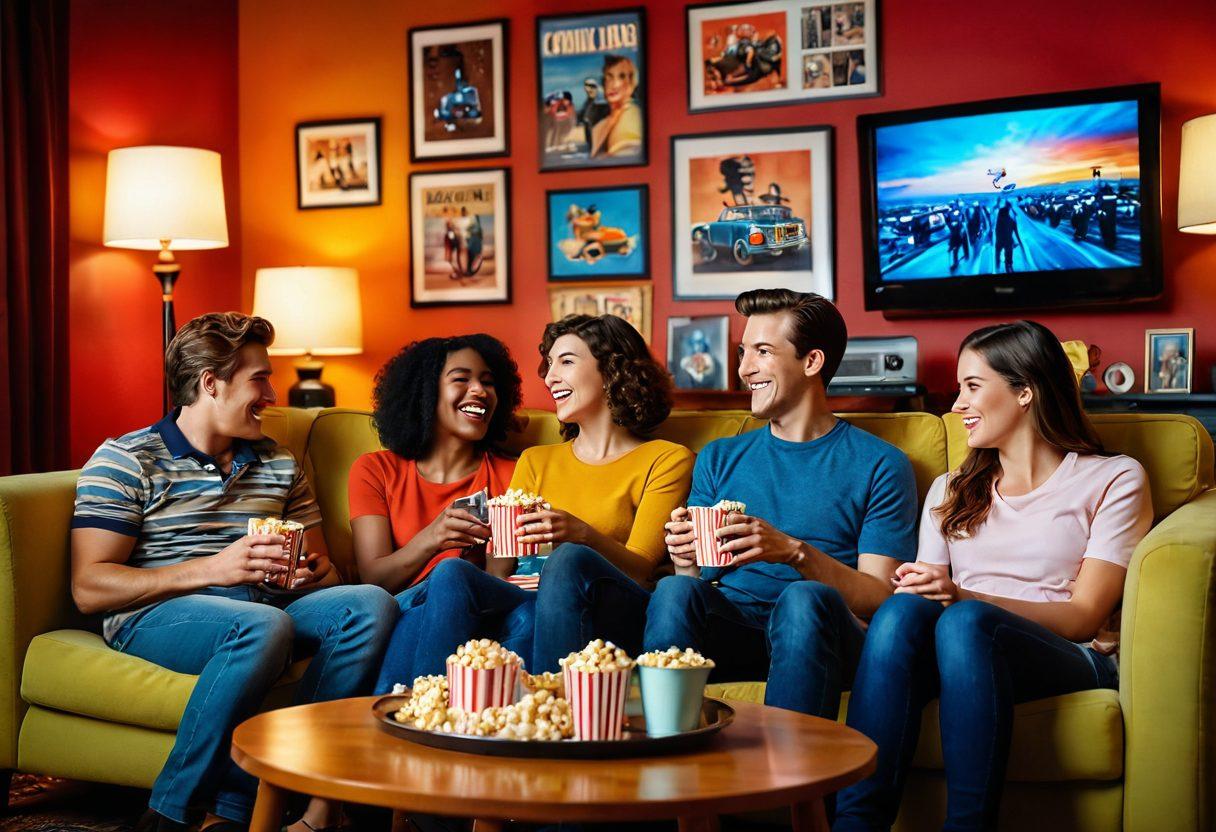 A cinematic scene depicting a cozy living room with a vintage TV streaming classic movies in vibrant HD colors. A diverse group of friends gathered on a comfortable couch, sharing popcorn and laughing, with a backdrop of movie posters on the walls. An inviting warm light fills the room, capturing the essence of a movie night experience. super-realistic. vibrant colors. warm lighting.