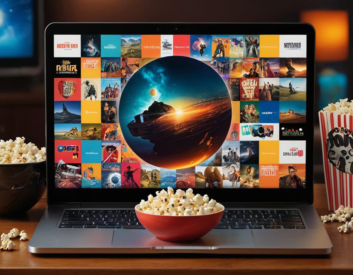 A vibrant collage of various movie-related elements, including a film reel, popcorn, and a laptop displaying a streaming service interface. In the background, an artistic depiction of a globe made of scattered film posters, symbolizing global accessibility to free movies. Bright colors and dynamic visuals to evoke excitement about online movie watching. Enhance the scene with digital elements like download icons and play buttons. super-realistic. vibrant colors. cinematic style.